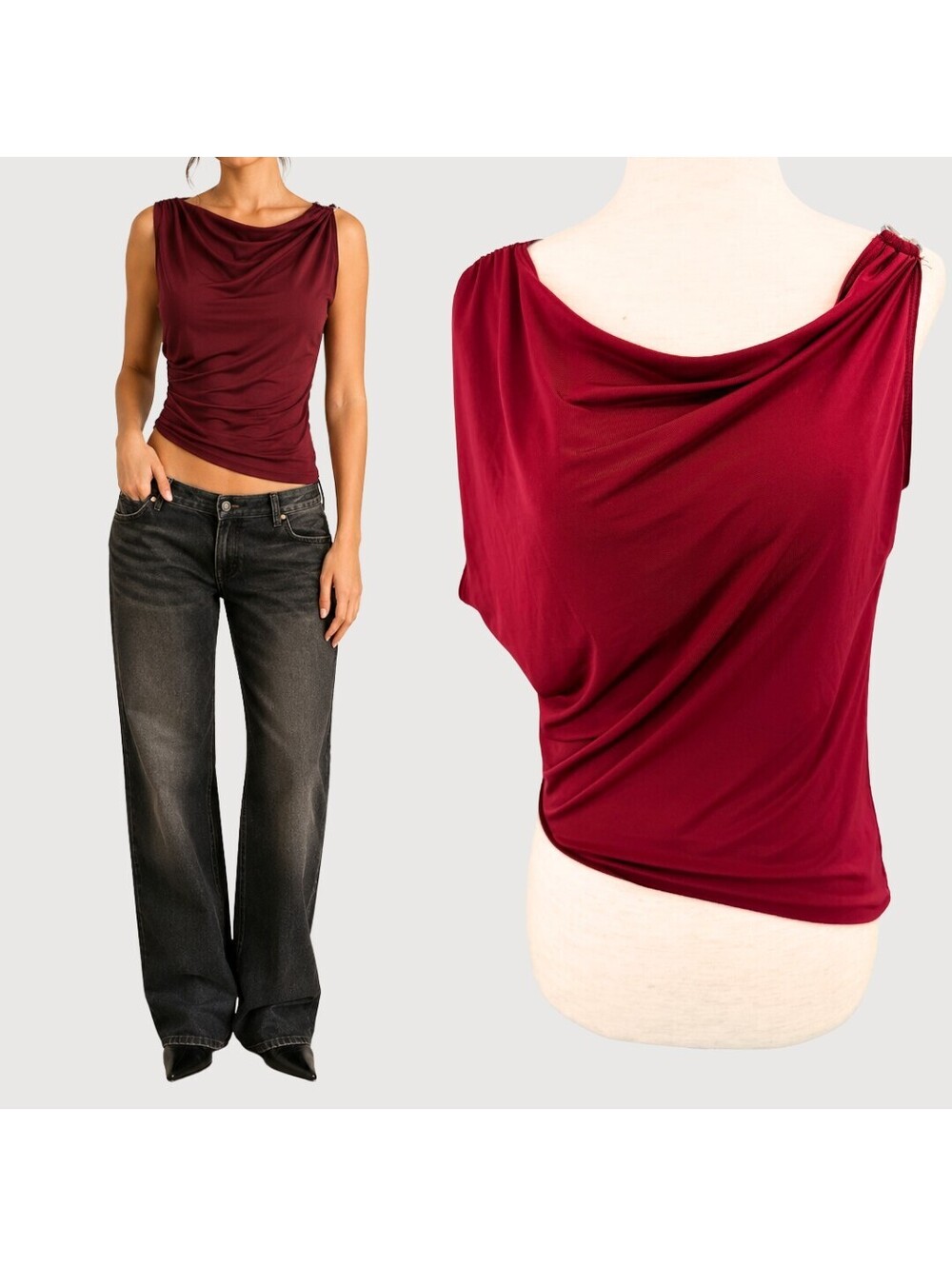 Jaded London Burgundy Asymmetric Draped Jersey Top Size 6
